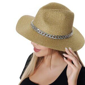 Gold Shimmering Straw Fedora Hat for Women NWT
